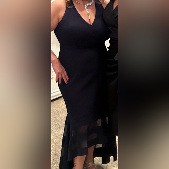 Xscape Scuba crepe sheer stripe high low dress - Picture 2 of 3